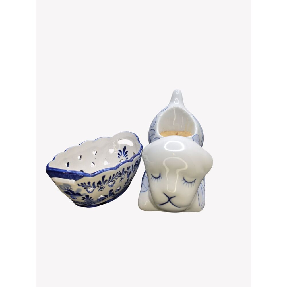 Delft Blue Reticulated Trinket Dish & Puppy Dog Candle Holder Holland VTG